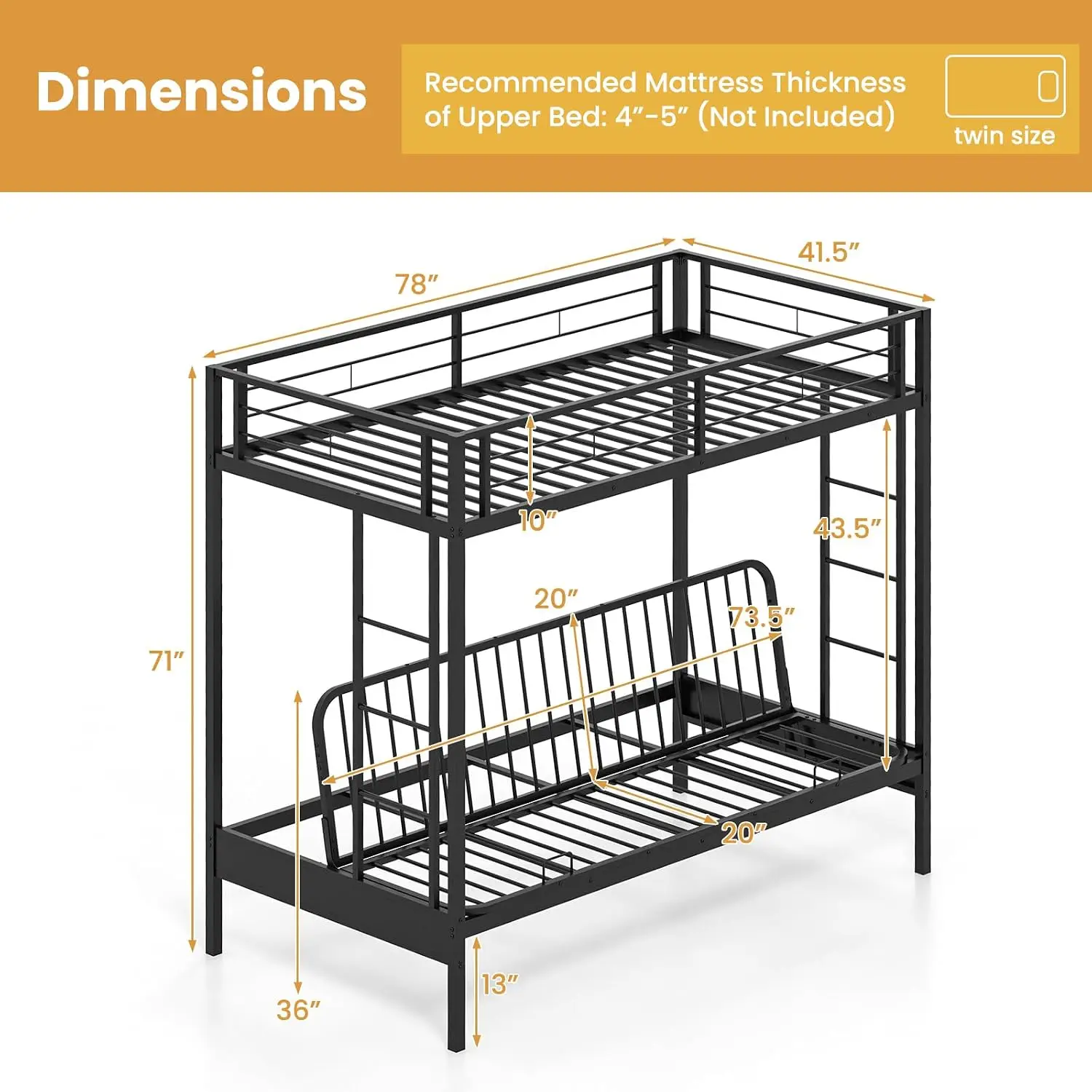 Twin Over Twin Futon Bunk Bed Metal Frame 2 Ladders Guardrails Heavy Duty Sofa Under-Bed Space Kids Teens, Customized