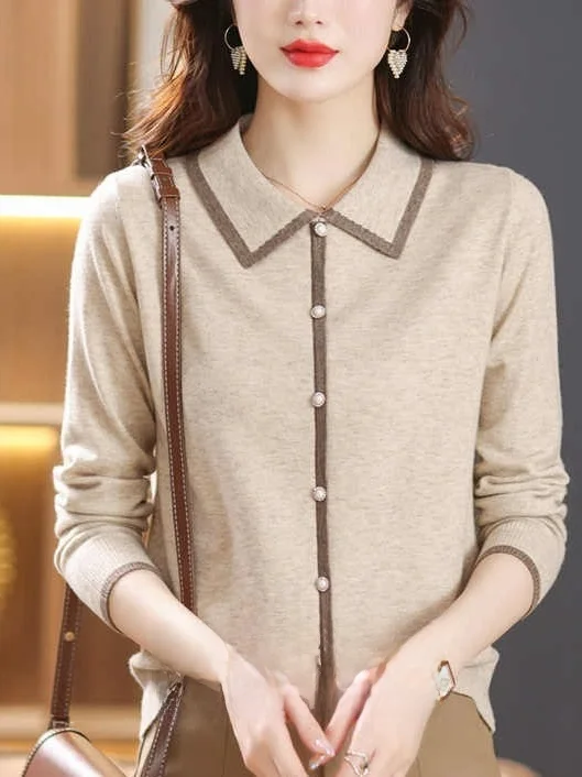 

Outlet Faion ort Knitted Base irt Women's Thin T-irt Korean Sle Loose Fit Long Sve Pure Color Button up Top