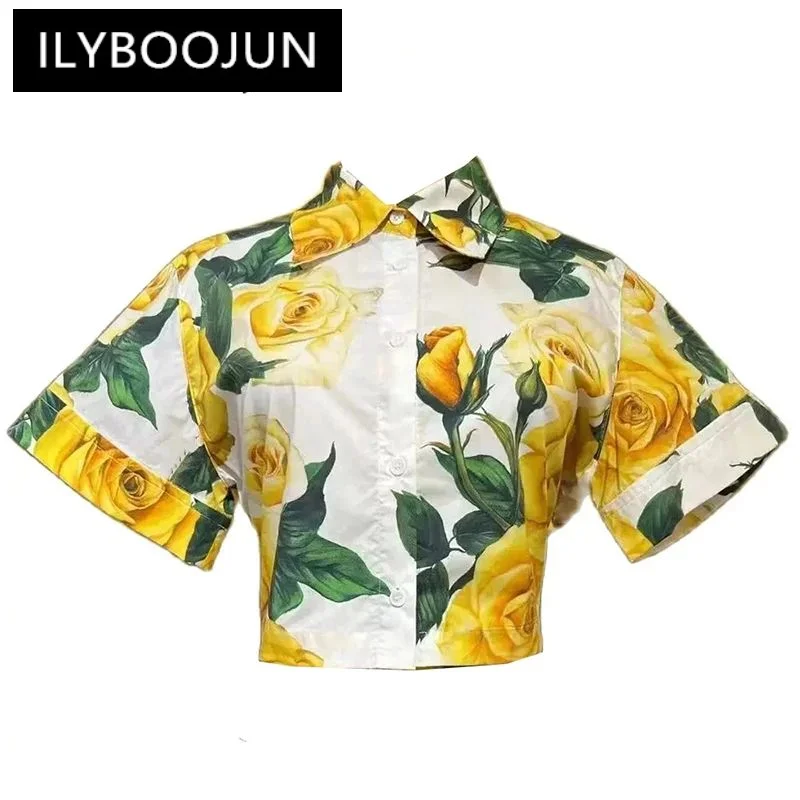 

ILYBOOJUN Designer Spring RosFloral Print Cotton Tops Women Turn-down Collar SinglBreasted Vacation Beach StylShort Tops