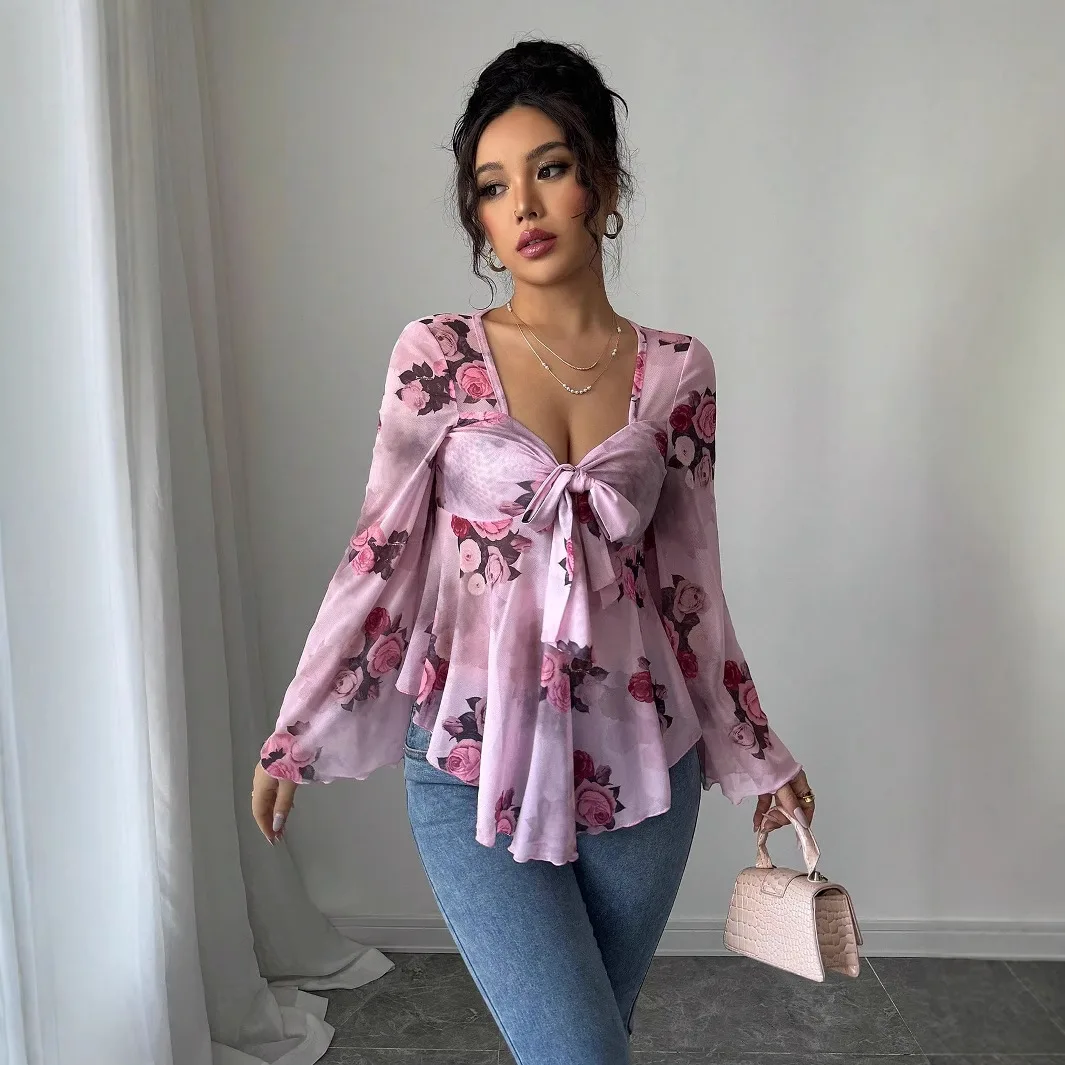 

Casual Loose Print Clothes Elegant Chiffon Splicing Blouse Women Tops Summer Lace-up Square Collar Long Sleeve Shirt New Blusas