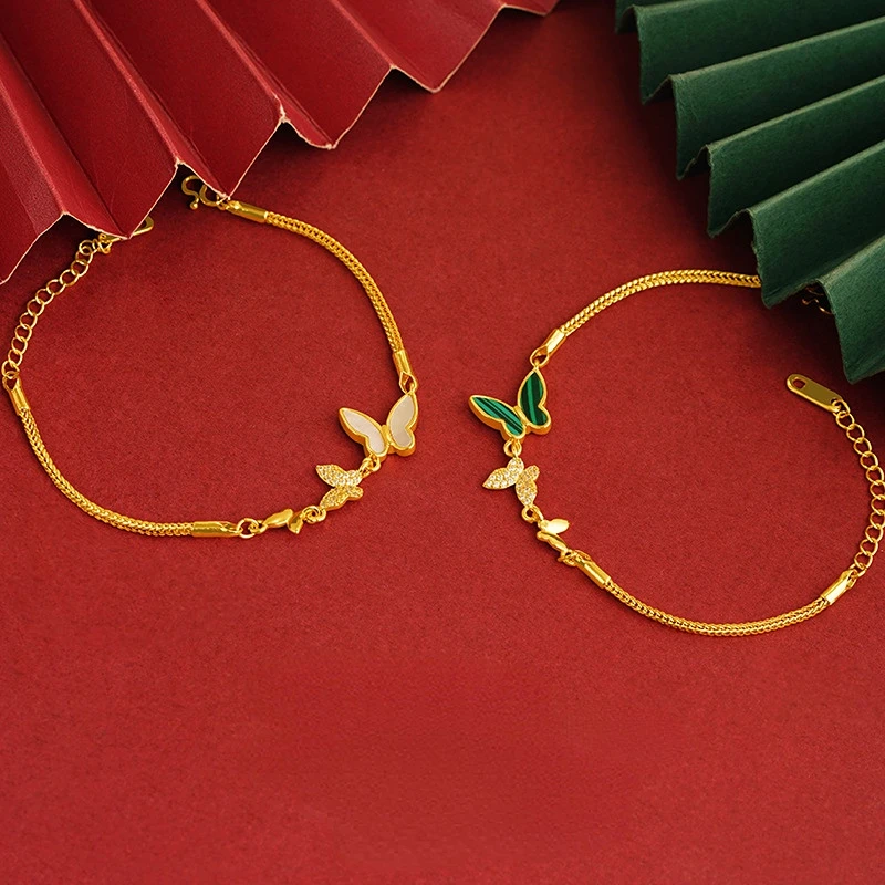Genuine 14k Yellow Gold Color Butterfly Pendant Bracelet for Women Hand Chain Birthday Wedding Jewelry Gifts Free Shipping
