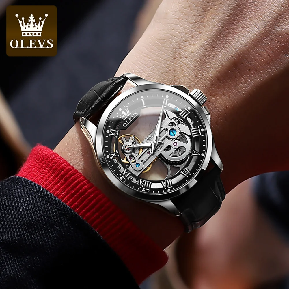 Olevs relógio masculino original automático tourbillon oco relógio mecânico pulseira de couro à prova dwaterproof água luminosa luxo masculino reloj