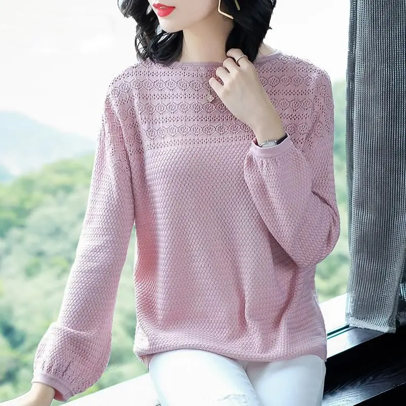 Women\'s 2024 Spring and Autumn New Spliced Pullover O-Neck Fashion Solid Color Minimalist Casual Loose Long Sleeve Knitted Top