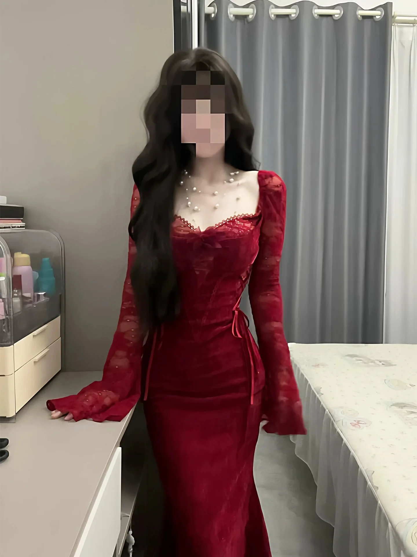 

XZY Сексуальное красное кружевное платье-боди макси с высокой талией для женщин больших размеров, весна 2026, с V-образным вырезом и застежкой-молнией