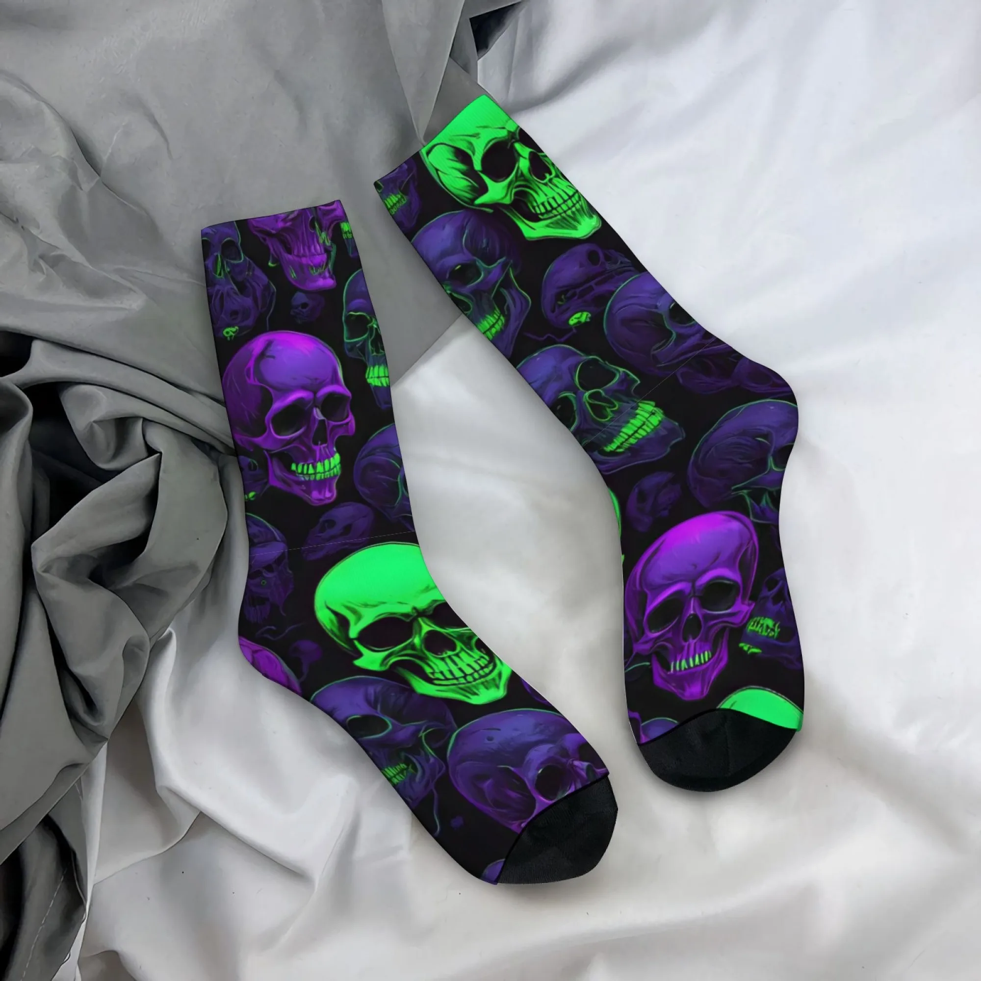 

Neon Purple Green Skull Crew Socks, Cyber Dark Fluorescent Punk Print Socks, Gift for Dark Punk Fans & Neon Trend Style Fans