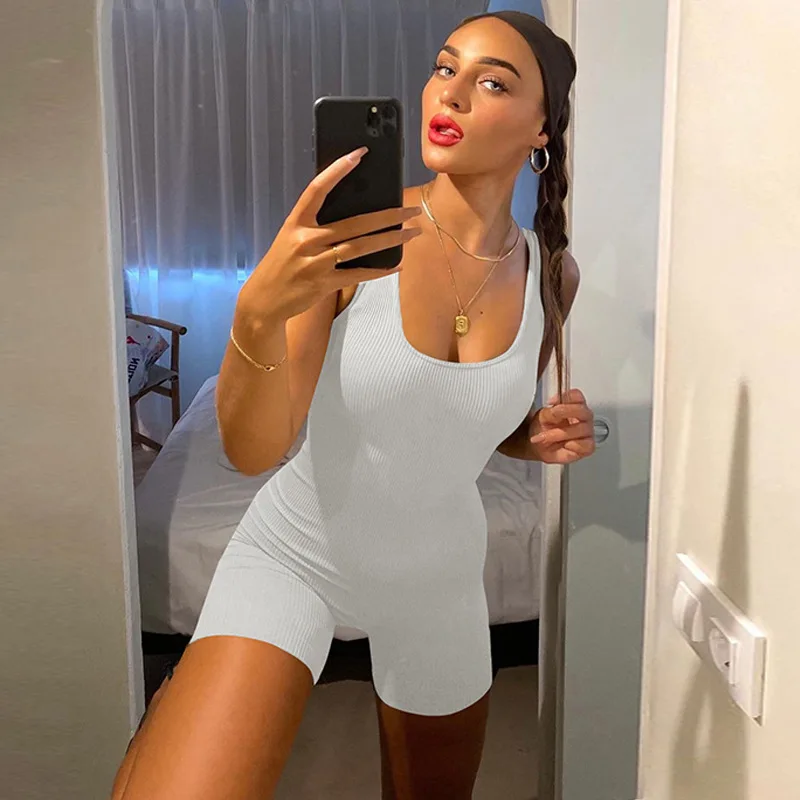 Striped Sports Workout Spring solid U neck Slim Active Wear Backless Playsuit Athleisure casual Short Jumpsuit bodysuits women