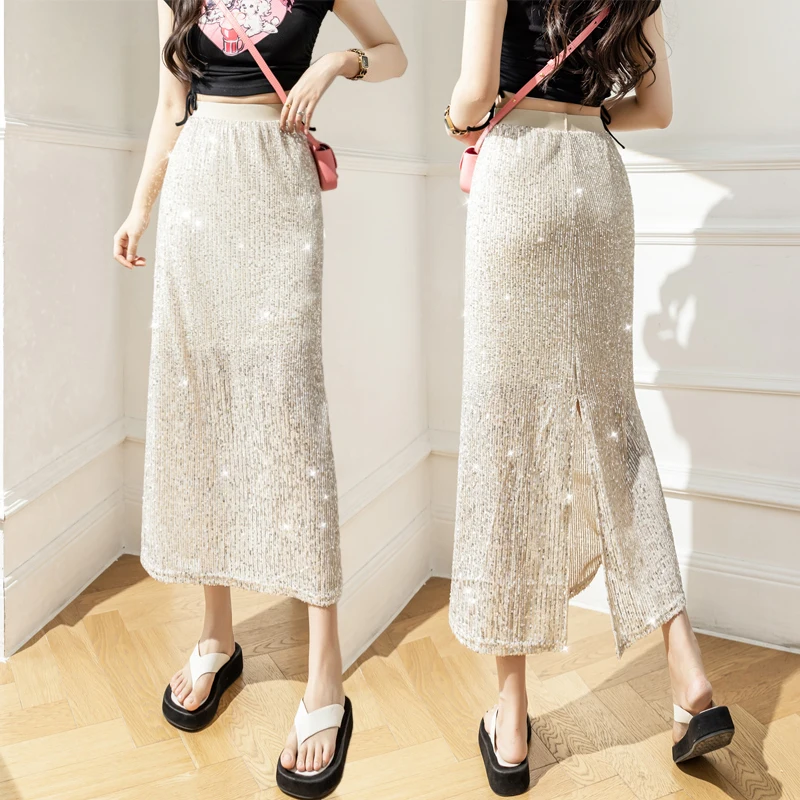 Y2k Kawaii Midi Sequin Skirt Women Summer Autumn New Sexy Cute Ladies Long Skirts Female Korean Fashion Clothing Dropshipping