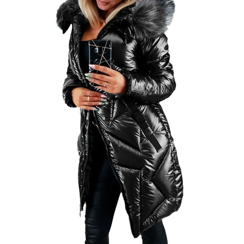 Odzież damska średniej długości, styl casual, zapinana na zamek, błyszcząca, ze skóry PU, jednolita, z dużym futrzanym kołnierzem, dopasowany krój, łączona.