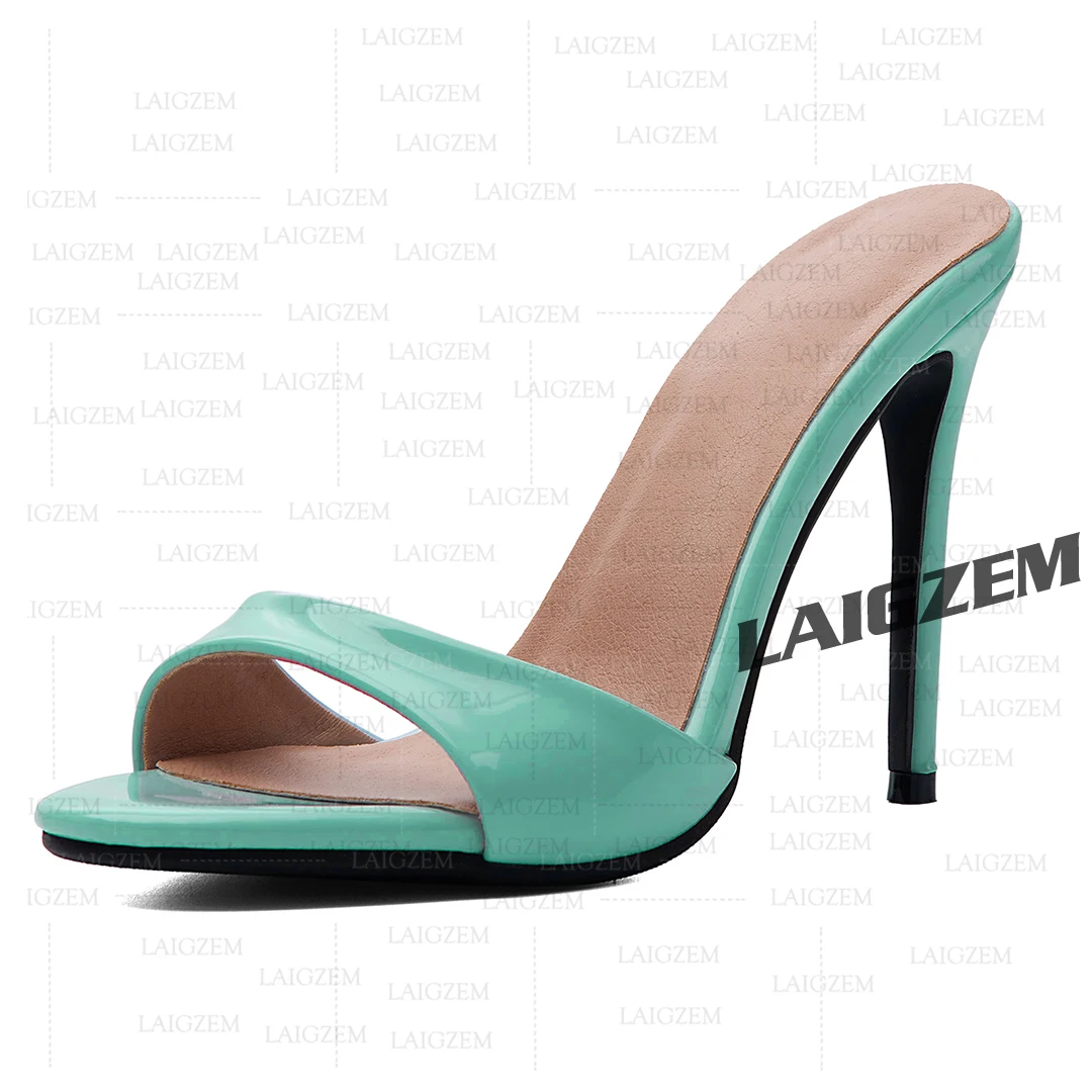 LAIGZEM Women Pumps Open Toe Slip On  Mules Thin High Heels Sandals Party Slides Handmade Shoes Woman Large Size 39 41 43 47 52
