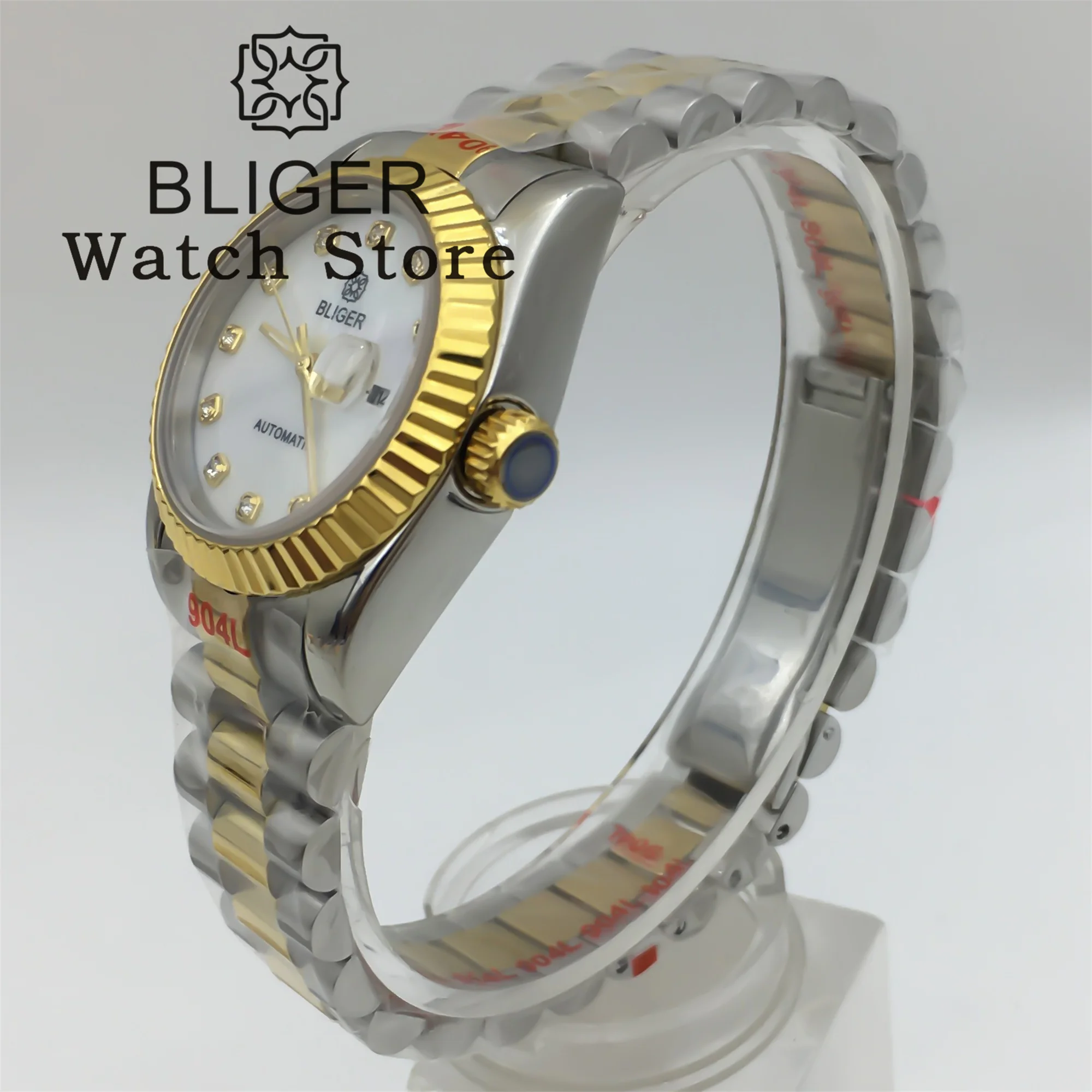 Bliger 31mm senhora relógio nh05 movimento mecânico dois tons ouro curvado moldura canelada pérola escudo dial índice de diamante vidro safira