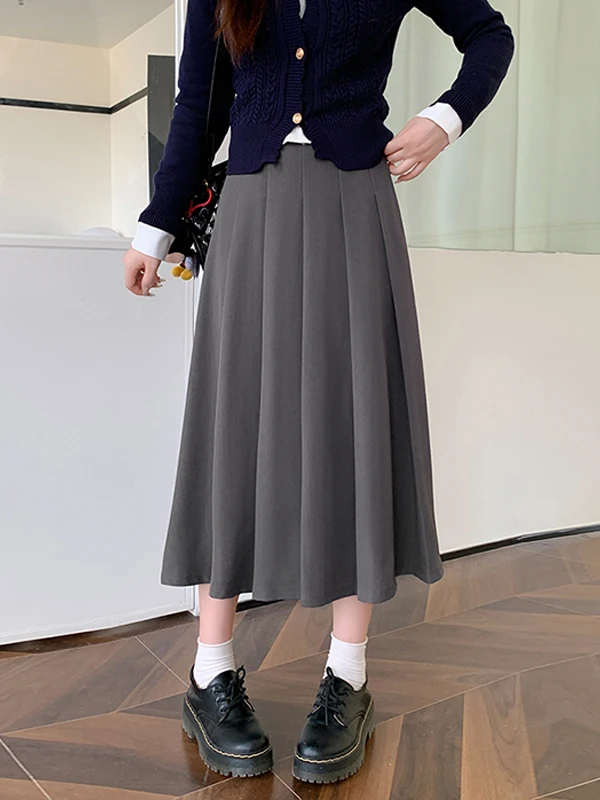 

Stunning Pleated Midi Skirt Women's High Waist A-Line Skirt Korean Sle Commute Suitable for Daily Wear No Slit Available