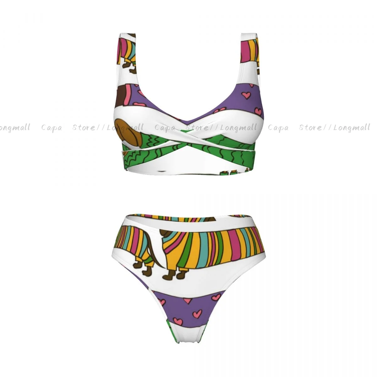 Sexy conjunto de biquíni engraçado dachshund cães vestido em roupas coloridas feminino 2 peças roupa de banho estilo transfronteiriço