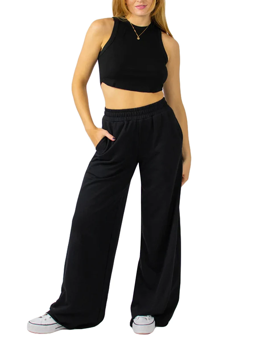 

Women Wide-Leg Pants Solid Color Elastic High Waist Loose Trousers Fall Casual Sweatpants Straight Bottoms