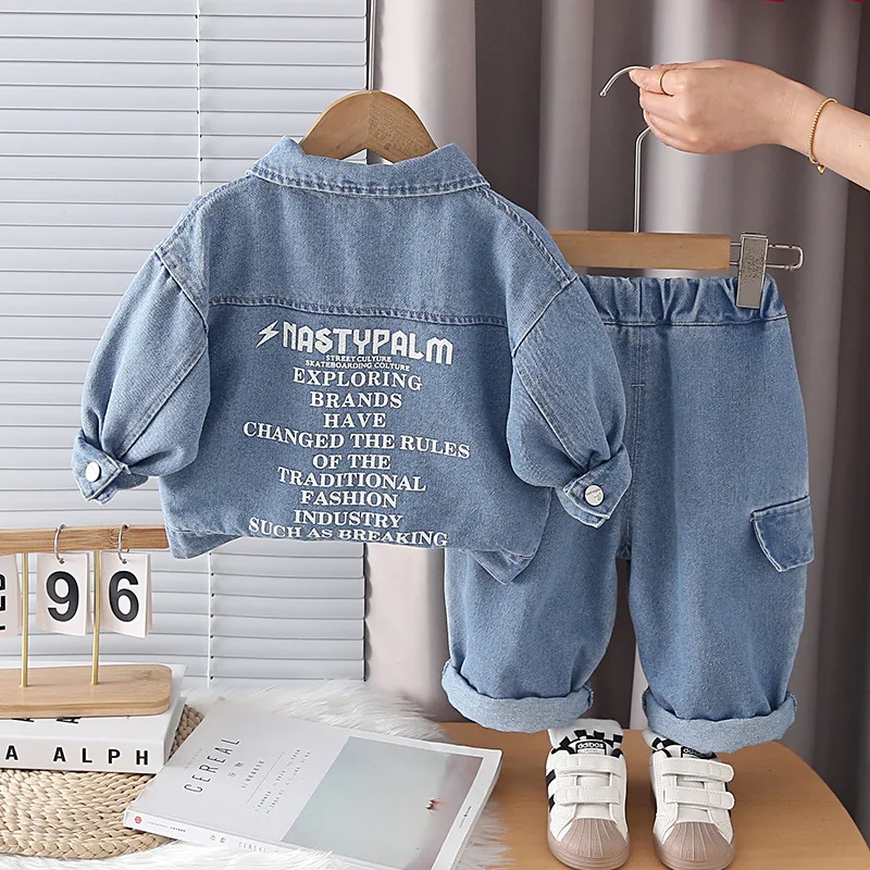 2026 Spring New Toddler Boys 3pcs Denim Set Jacket Jeans T-shirt Kids Letter Print Cargo Style Casual Trendy Streetwear Outfits