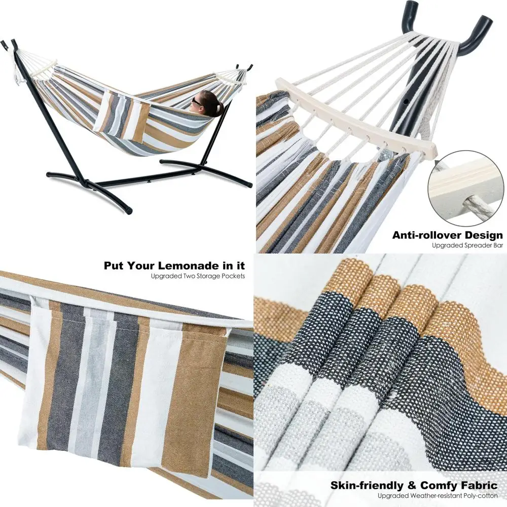 

Сверхмощный двухместный уличный двойной гамак с подставкой, улучшенная распорка, компактный стальной каркас, удобные карманы, идея