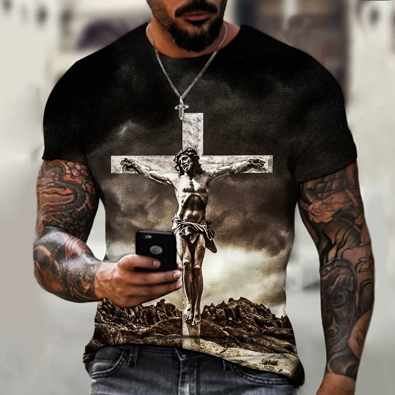 

God Religion Christ Jesus Cross Print Summer Men's Round Neck T-shirt Casual Short Sleeve Oversized T Shirt Fashion Men Clothing