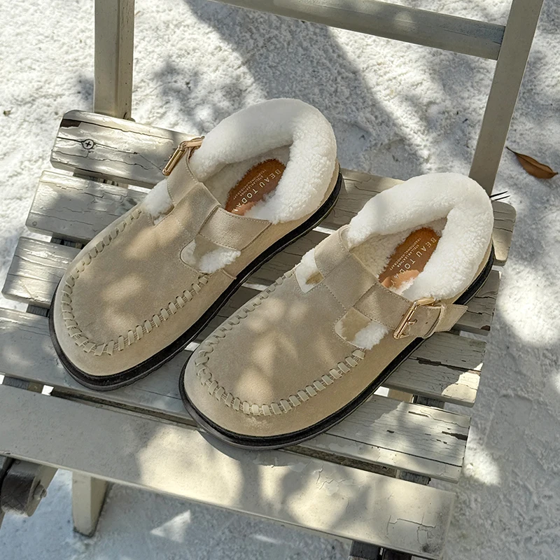 BEAUTODAY Casualowe Baleriny Damskie Skóra Zamszowa z Podszewką z Wełny Zapinane na Klamrę Plecione Okrągłe Palce Ciepłe Damskie Buty Ręcznie Robione 22824