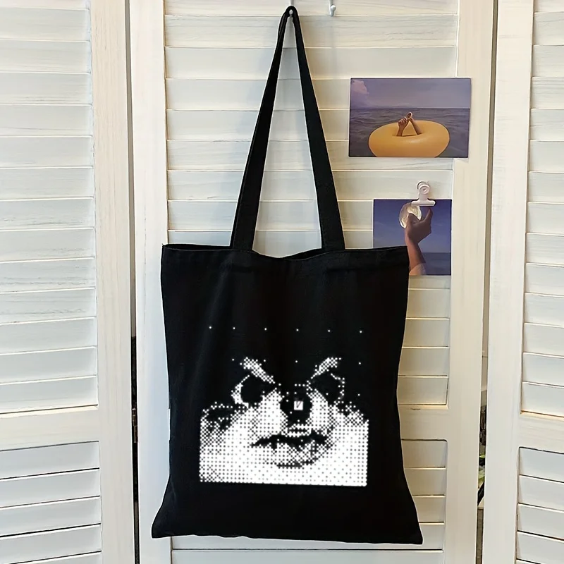 Black stylish minimalist cartoon puppy print tote bag a must-have for outings large capacity shopping bag essential for classes