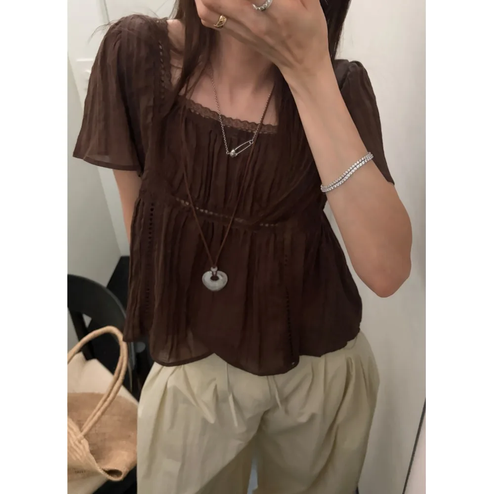 Camisa elegante de verano para mujer, camisa holgada de manga corta con cuello cuadrado, Top de algodón ligero y versátil a l...