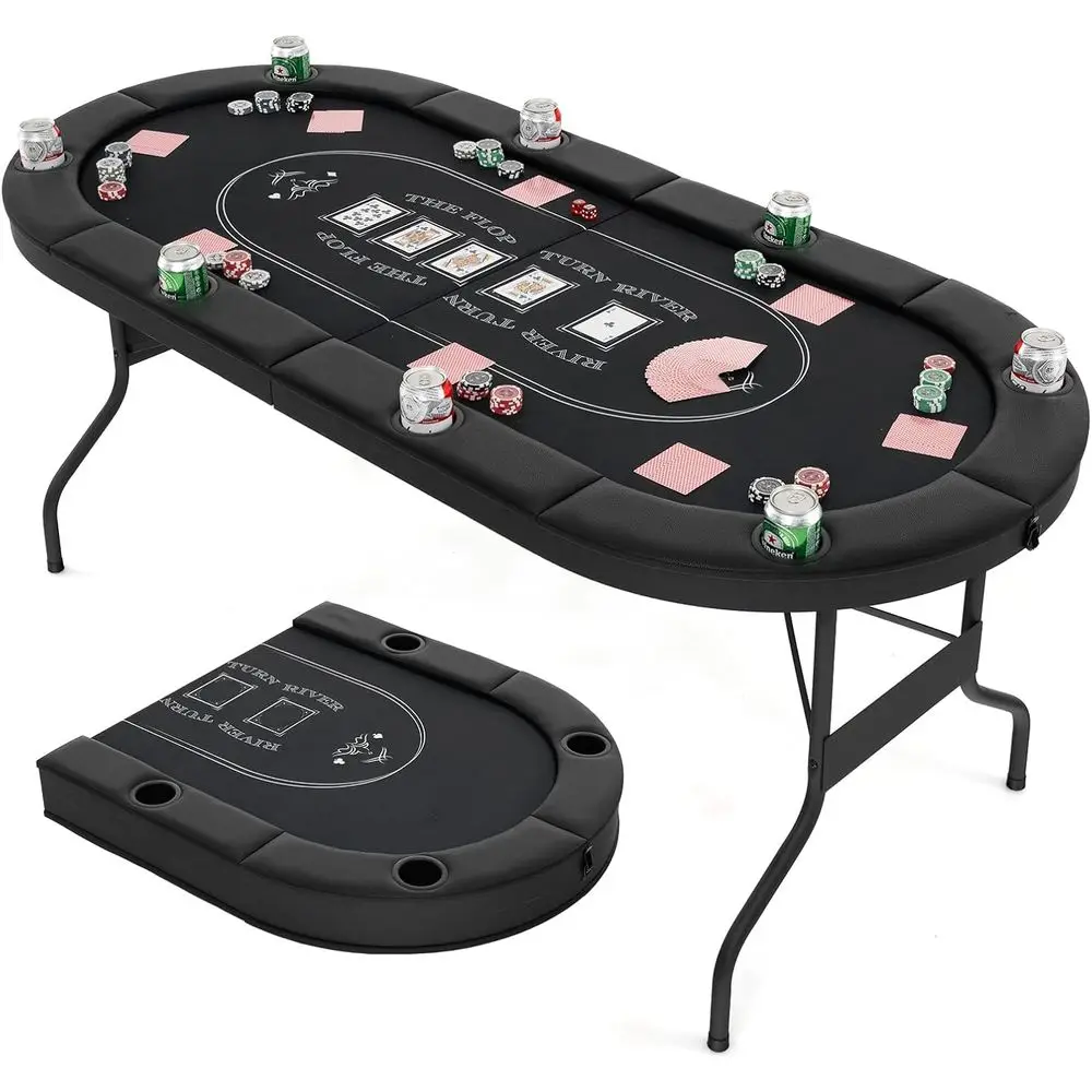 

8-Player Folding Poker Table with Metal Cup Holders, Portable for Casino Games like Blackjack and Texas Hold'em, Easy Setup (Bla