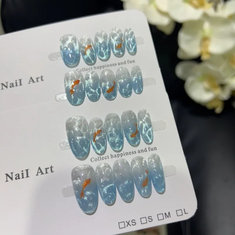 

Handmade Nail Tips Water Ripple Gradient Blue Seabed Press on Nail Summer Artificial False Nails Self-nail with Box and Tools