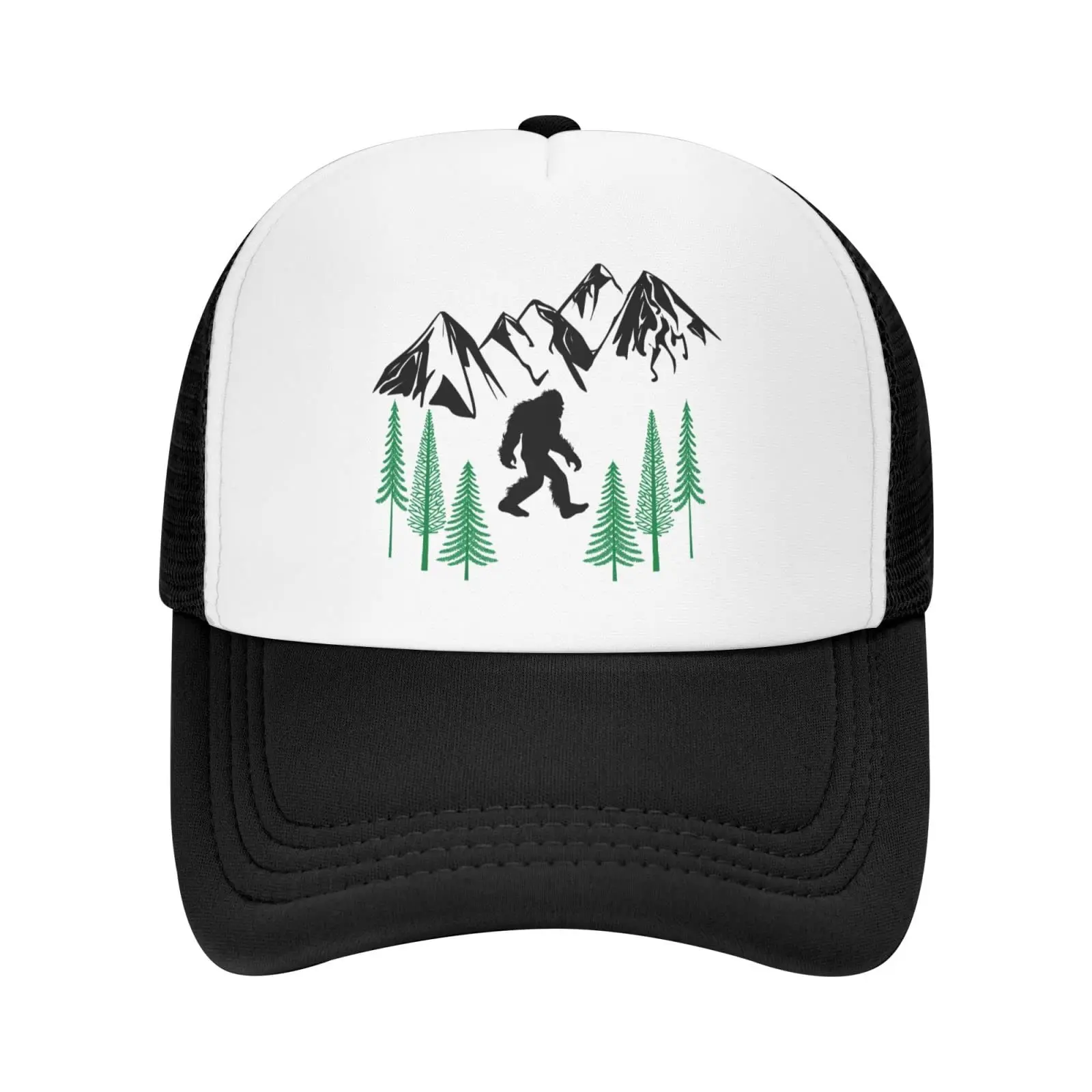 Bigfoot Trees Forest Hide and Seek Trucker Hat Cap Adjustable Snapback Baseball Cap for Men Women Breathable Mesh Hat Black