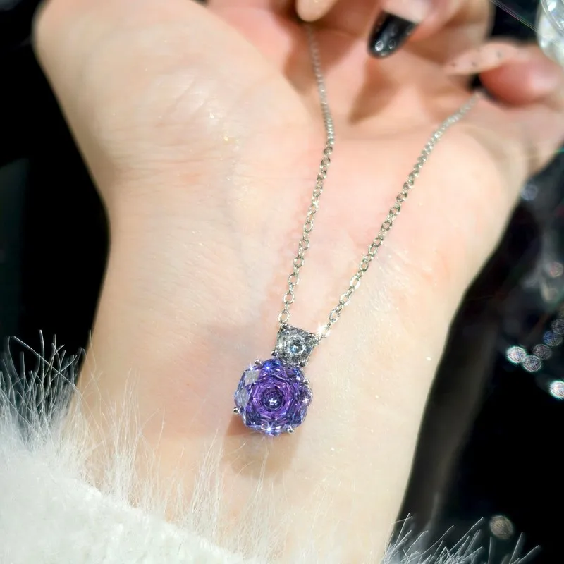 Geometric Millennium Rose Cut Purple Lithium Iolite AAA Zircon Flower 925 Sterling Silver Necklace Pendant Luxury Elegant Women'