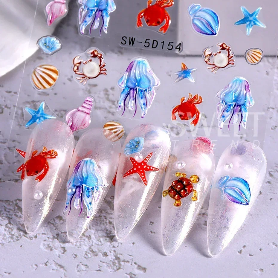 1PC Summer Sea Starfish 5D Embossed Nail Art Sticker Engraved Beach Ocean Animals Decals Nail Supplies DIY Manicure Decoration