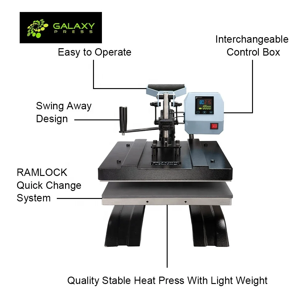 Galaxy Wholesale Sublimation Heat Press Machine 16X20 Swing Light Ramlock Manual Transfer Dtf Heat Press For  T-Shirt Clothes