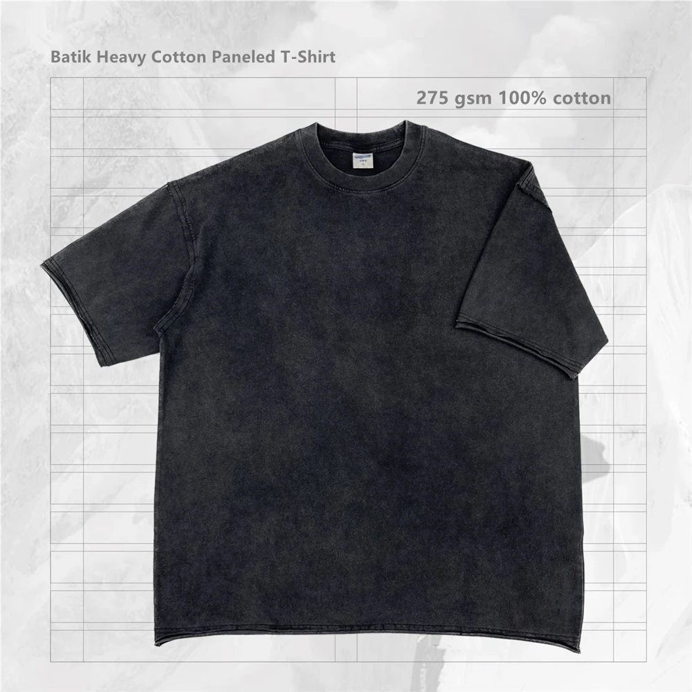 

Washed Black Heavy Cotton Paneled T-Shirt For Men Unisex Short Sleeve Batik Tee Summer Streetwear