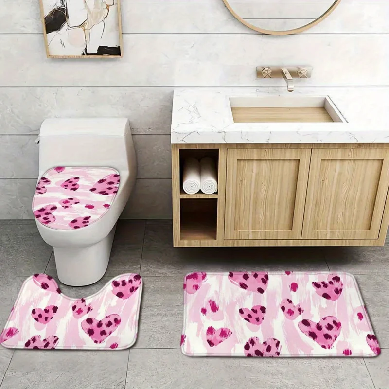 3-Piece Leopard Print Pink Heart Bathroom Mat Set - Non-Slip, Absorbent Bath Rug with Toilet Lid & Tank Covers, Knit Fabric, 100