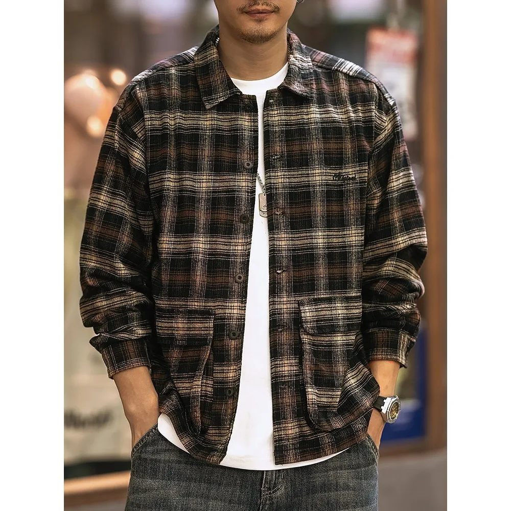 

Весенне-осенняя новая модная рубашка в клетку из чистого хлопка в японском стиле, мужская повседневная рубашка-рубашка, куртка