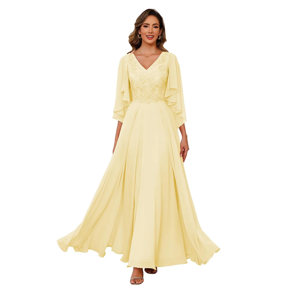 

Customized Exquisite Chiffon Mother of The Bride Dress V Neck 2025 Lace Appliques Formal Party Dress with Jacket Floor Length