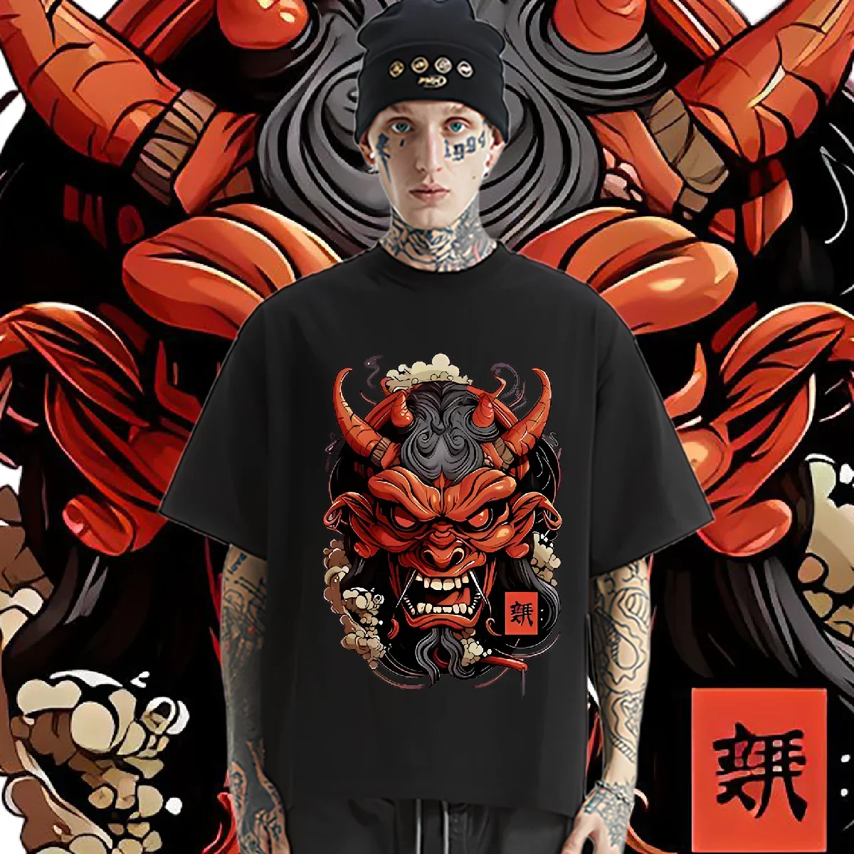 

Japanese Samurai Mask Tee Oversized Milk Fiber T-shirt Retro Men Tops Shirt Streetwear Loose Tshirt