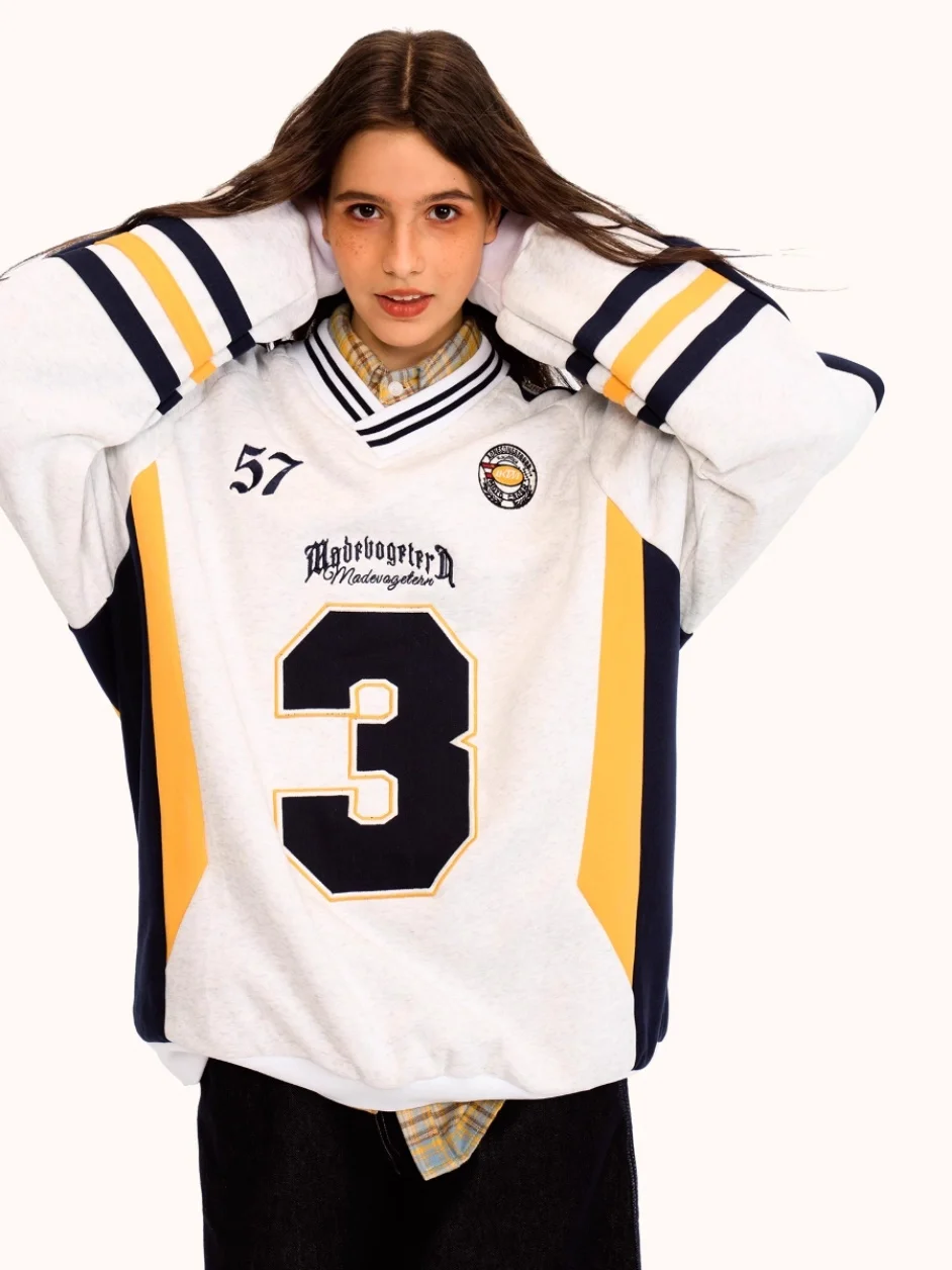 

Loose Fit Long Sleeve V-Neck Sweatshirt Basketball Uniform Retro American Block Core Trendy Brand Men's Women's Spring Sports...