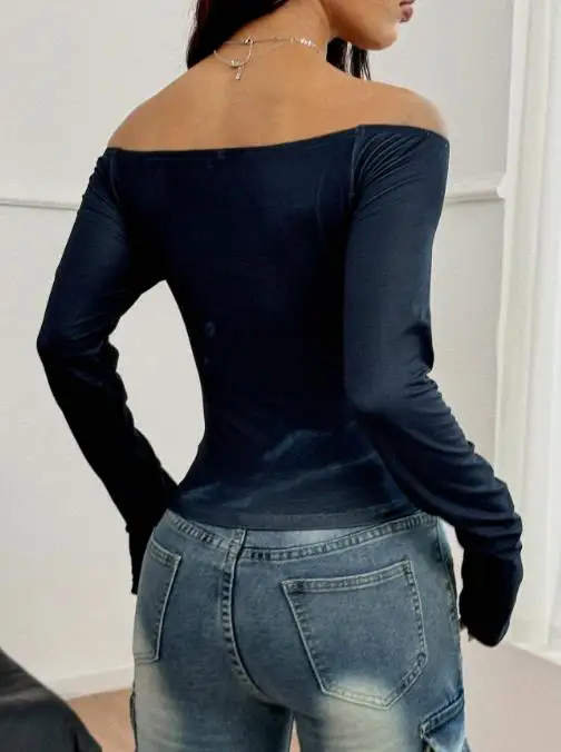 Y2K ผ้าฝ้าย T เสื้อผู้หญิงเซ็กซี่หนึ่งไหล่ Retro พิมพ์เซ็กซี่แขนยาวแน่นอเนกประสงค์ทุกวันผู้หญิง TOP เสื้อผ้าผู้หญิง