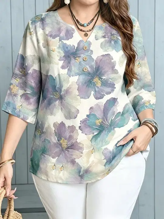Women 3/4 Sleeve V‑Neck Blouse Button Sunflower Peony Hibiscus Floral Print Casual Ladies Plus Size Tops