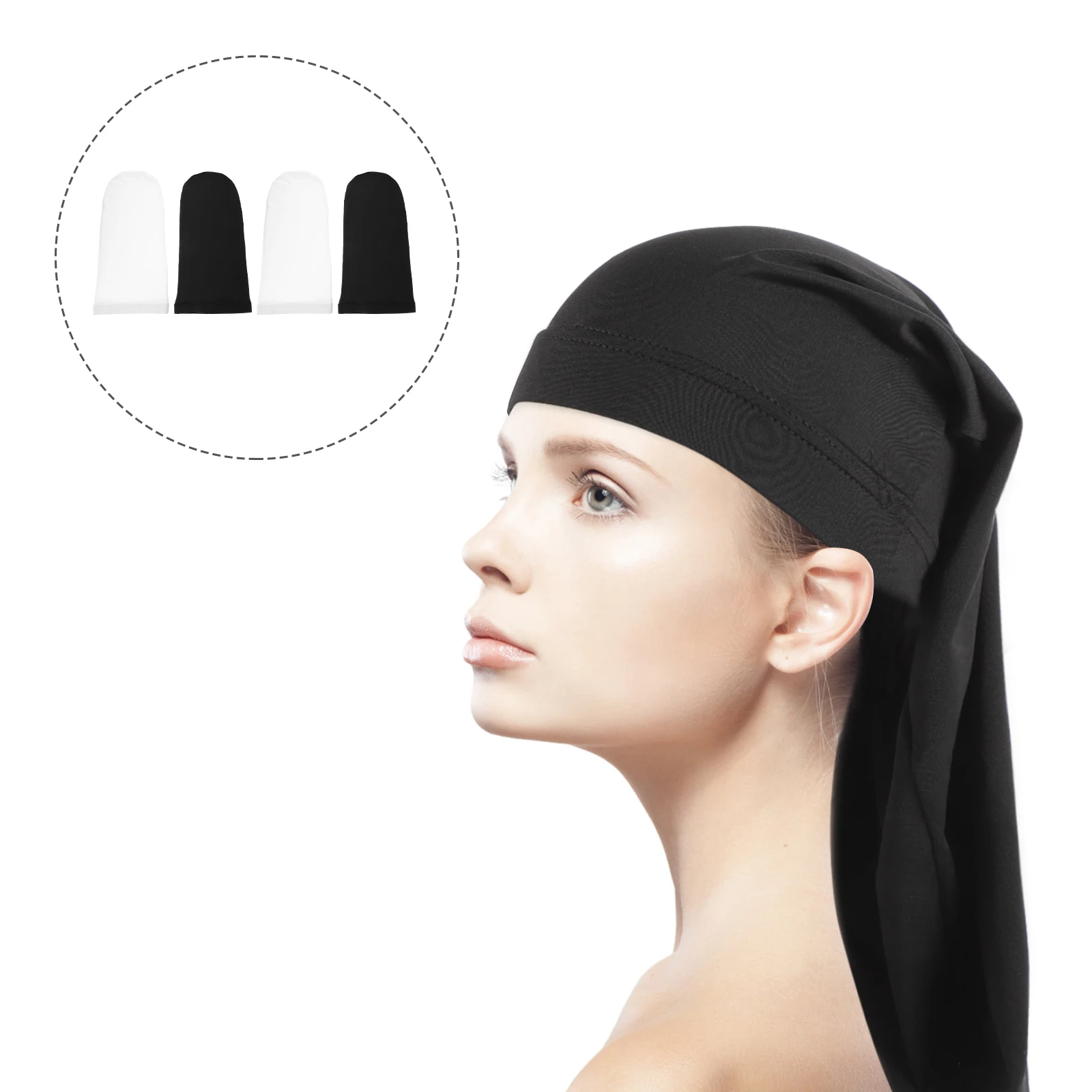 

4pcs Dreadlock Long Tail Hat Turban Caps For Hair Waves Hip-Hop Muslim Headscarf Chemo Patients Sleep Cap Unisex Braided Hair