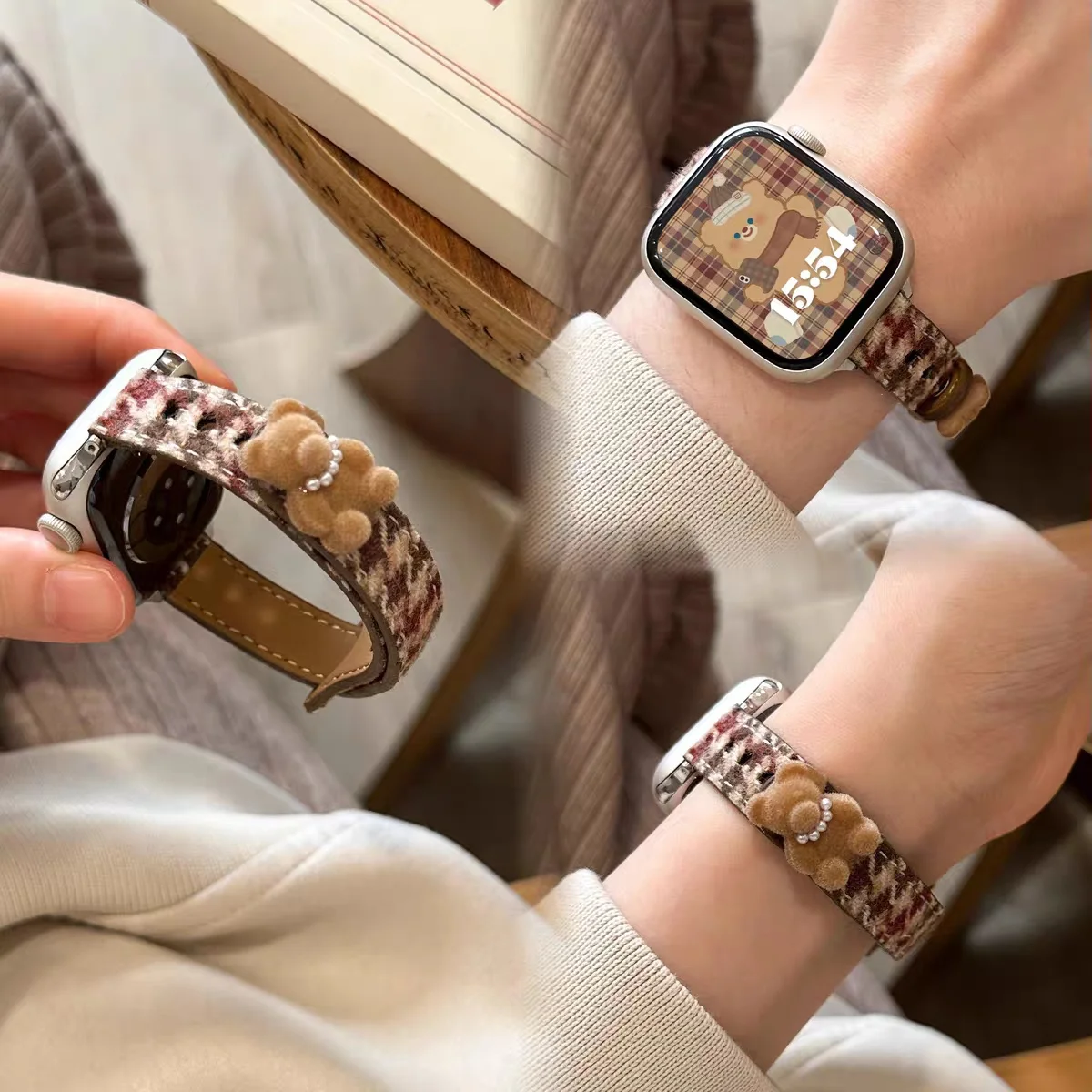

Тканевый кожаный ремешок с узором «гусиные лапки» для Apple Watch Band 38/40/41 42/44/45 мм, 49 ультра-петля с медведем для IwatchS10 11 42/46, осень-зима