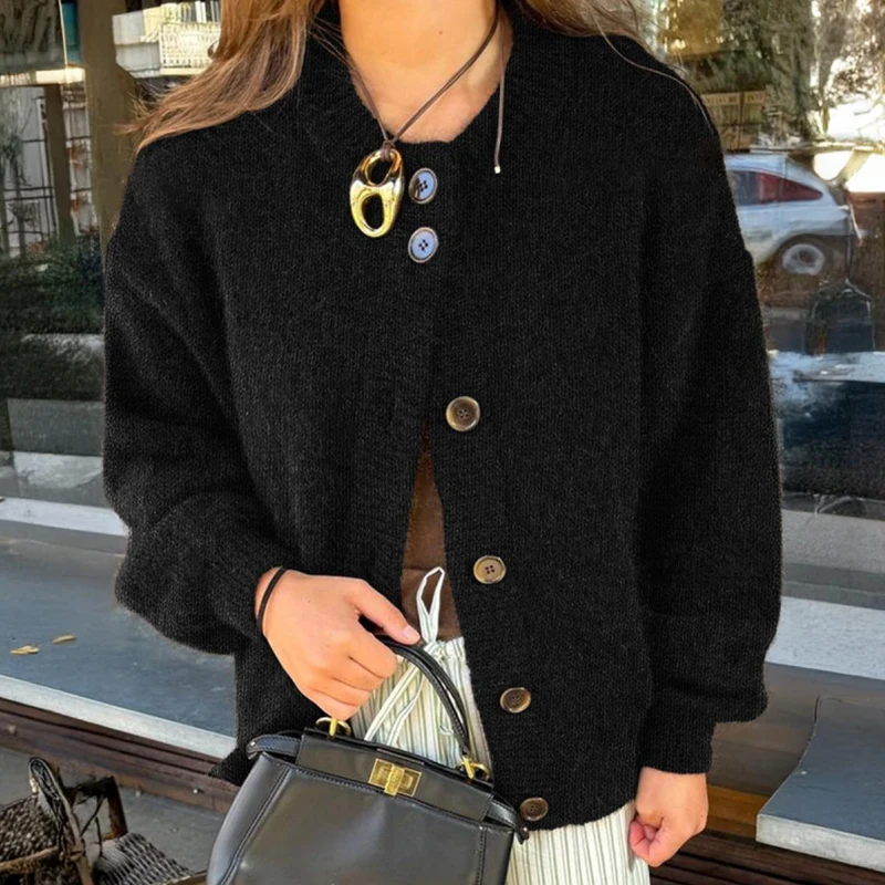 

Autumn Winter Women's Cardigan Wool Sweater New Retro Brown Button-Up Round Neck Long Sleeved Loose Warm Coat ropa mujer