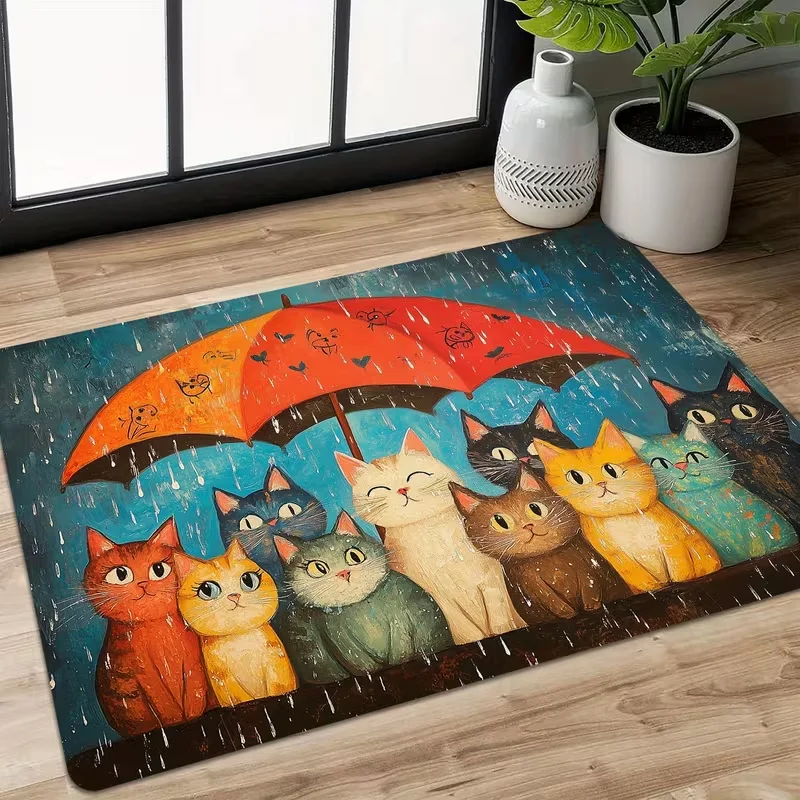 1pc Cat-Themed Floor Mat for Entryway Bathroom & Dining Non-Slip Rug with Umbrella Kitten Rain  Indoor Mat for Cat Zone Decor