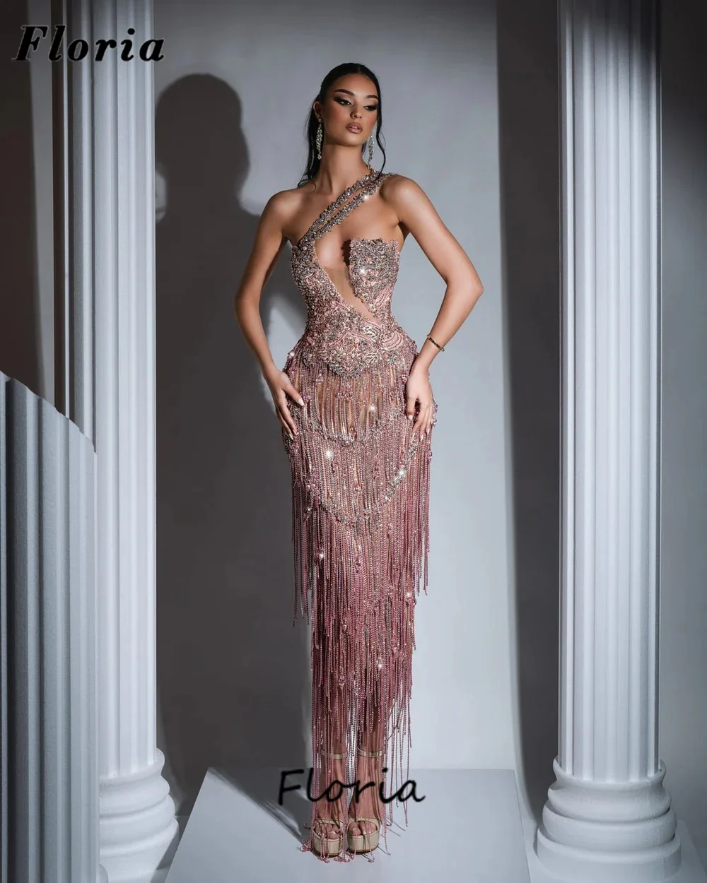 Customized Pink Beading Celebrity Dresses One Shoulder Evening Dresses Vestidos De Gala Tassel Crystals Wedding Party Gowns 2024