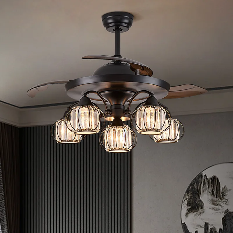 Amerykański retro restauracja wentylator lampa wisząca lampa Nordic konwersja częstotliwości kryształ wysokiej klasy niewidoczny sufitowy żyrandol z