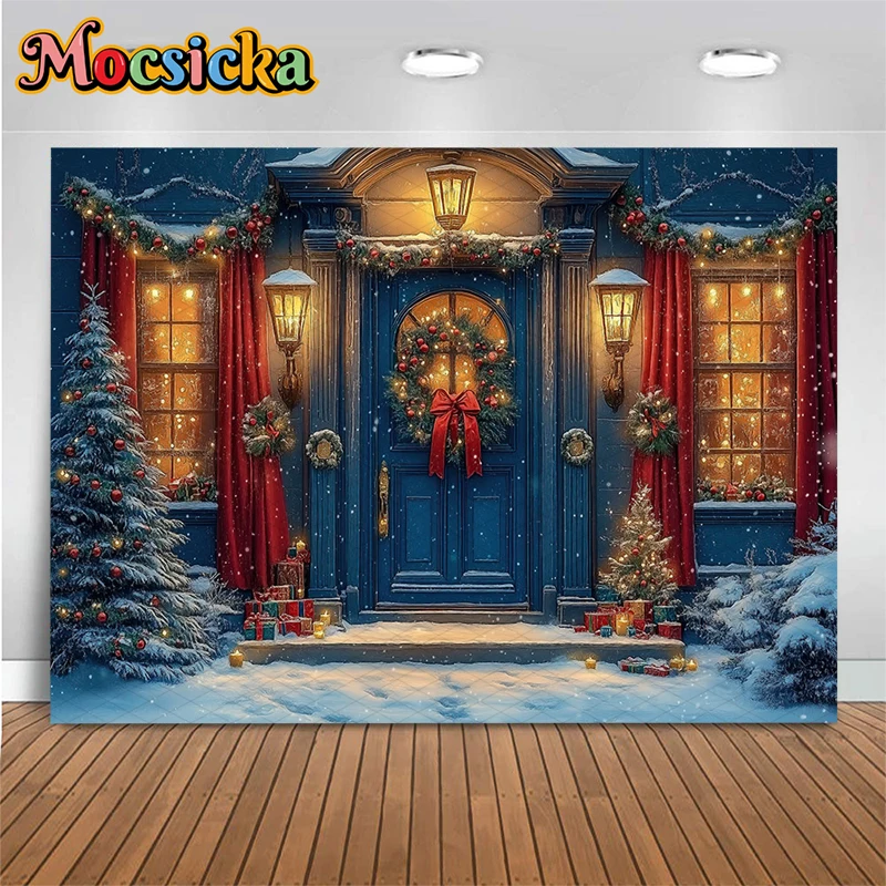 

Mocsicka Christmas Blue House Backdrops Soft Washable Snow Gifts Tree Photo Background Light Wreath Door Decors Wallpaper Banner
