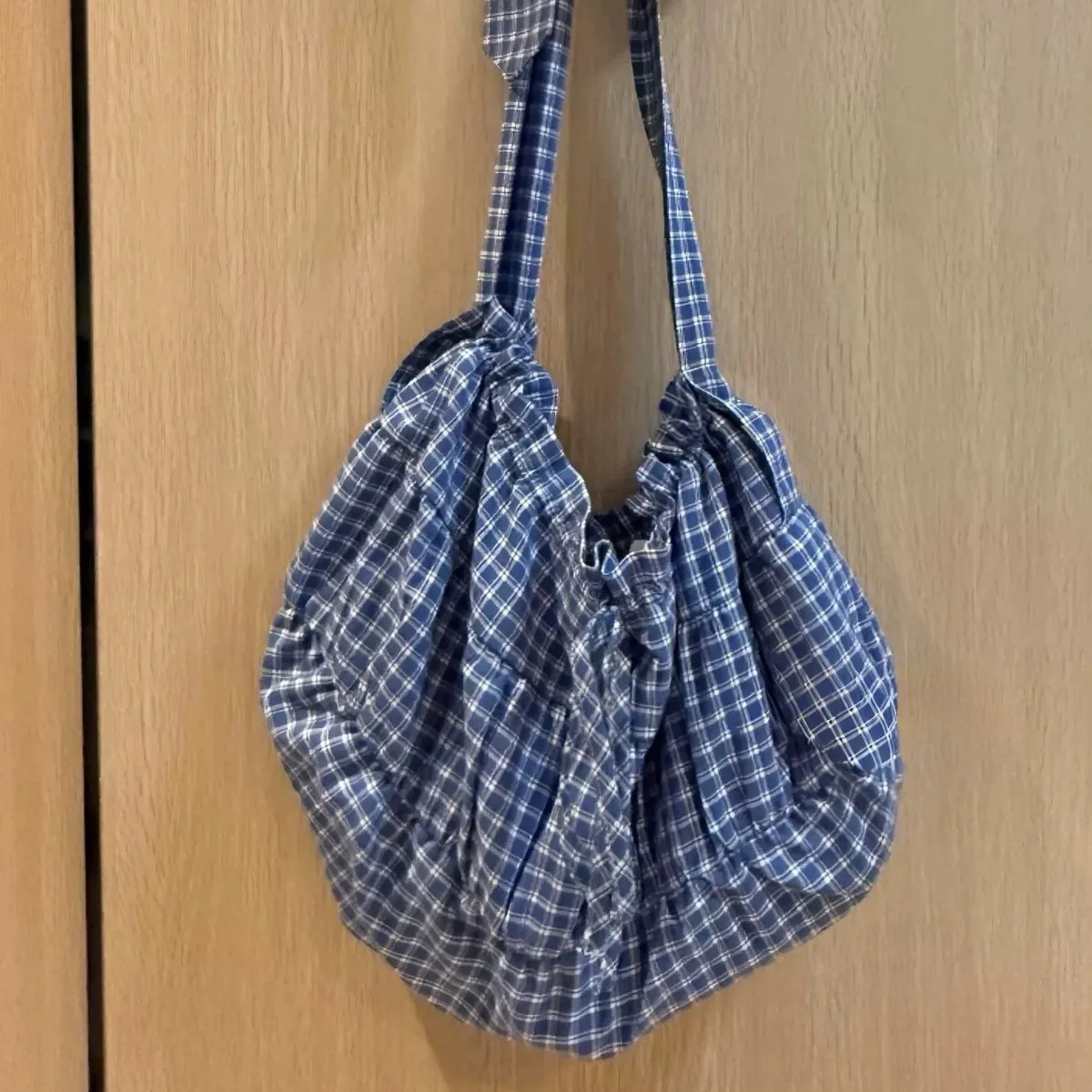 Summer New Korean Style Retro Checkered Drawstring Pleated Crossbody Bag Large Capacity Single Shoulder Tote Bag Sweet Style Bag