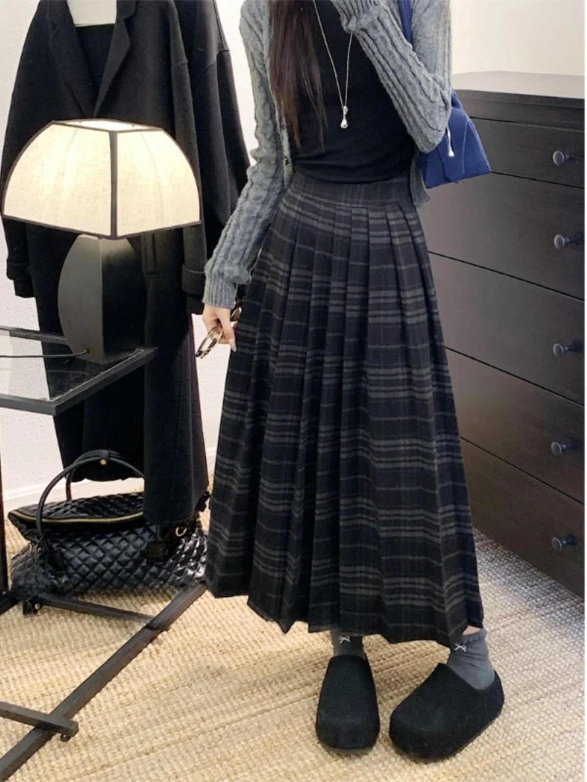 

plus Size Women's Vintage Plaid College Sle Pleated Midi Skirt High Waist Conceal Meat A-Line Mid-Length Skirt