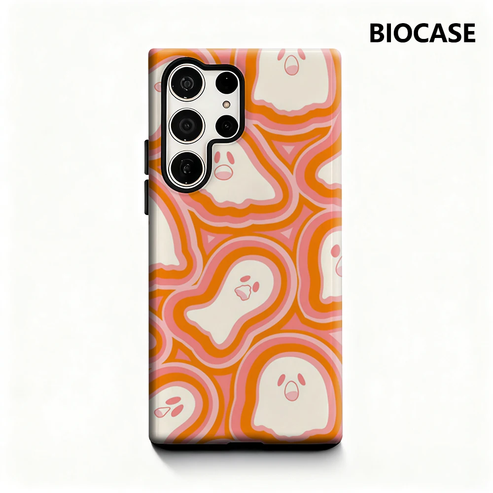 Orange and Pink Ghosts Halloween Phone Case for Samsung Galaxy S25 Ultra S24 S23 Ultra Plus Glossy Double-layer Back Cover