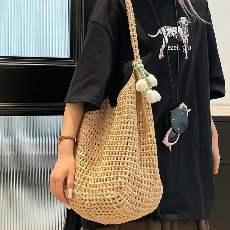 Новая летняя повседневная большая вместительная сумка из хлопчатобумажной нити, полая соломенная тканая сумка, сумка на плечо в ленивом стиле, пляжная сумка, женская сумка