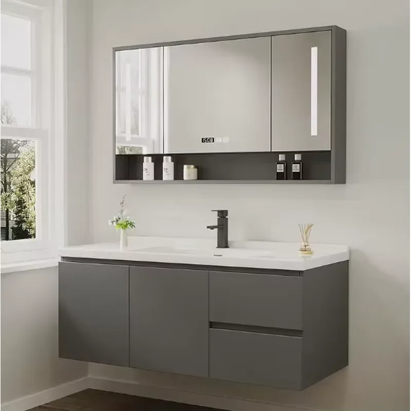 Modern Wall Mounted Bathroom Vanity Cabinet Set Ceramic Integrated Basin Smart Mirror Solid Wood Multi-Layer Washstand