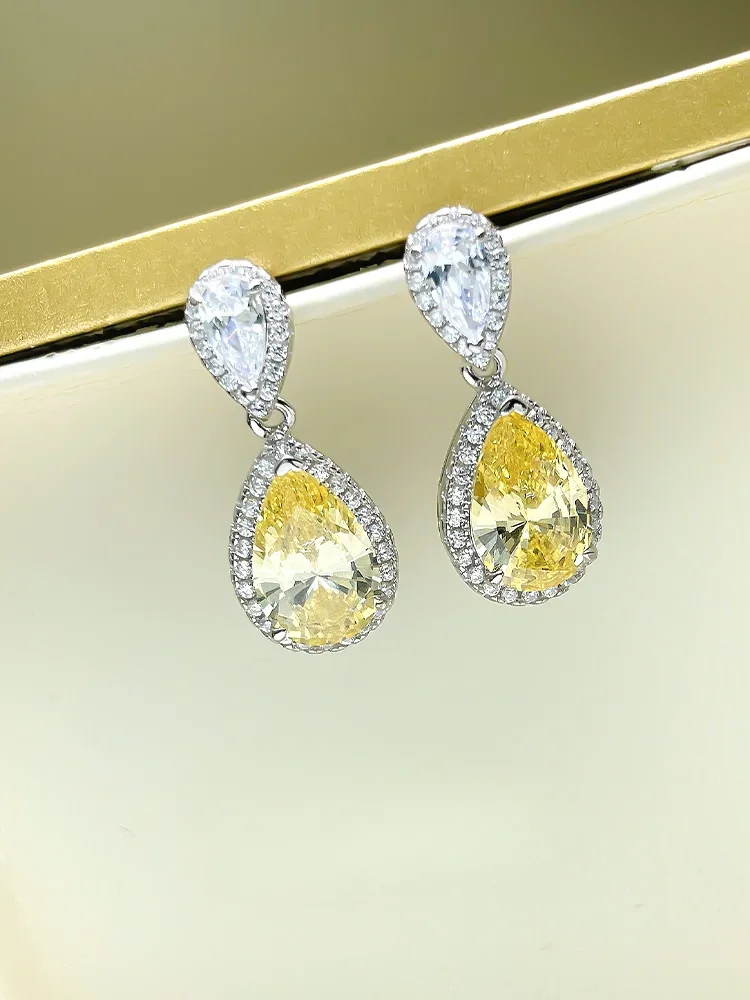 

Sparkling Ice Flower Cut Yellow Diamond Water Drop Earrings Inlaid with Imported Eardrops, Elegant and Noble 925 Silver Earrings